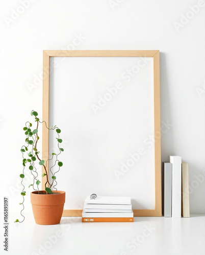 Scandinavian-style room with a small vertical wooden frame mockup, trailing green plant in a pot, books, and shelf against a neutral white wall background. A4, A3 format. 3D render, illustration.