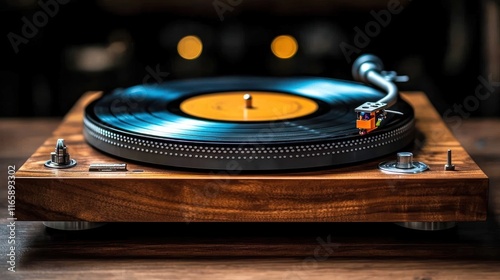 Close-up of a vintage-style turntable playing a vinyl record on a wooden surface.