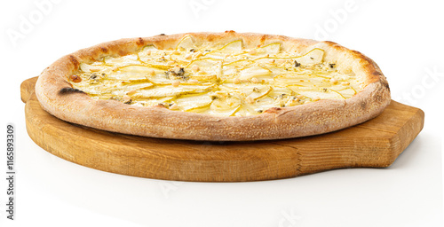 Pizza with pear isolated on white background. Tasty hot pizza fruit with 4 four cheese gorgonzola on wooden dish or tray at an angle view for design menu and promotional.  photo