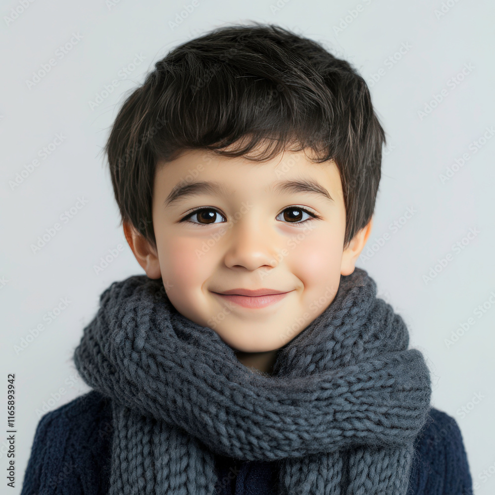 Smiling Young Boy with Short Black Hair Wearing Cozy Dark Knitted Scarf Posing Cheerfully against a Light Background in a Studio Setting Smiling Young Boy with Short Black Hair Wearing Cozy Dark Knitted Scarf Posing Cheerfully against a Light Background in a Studio Setting