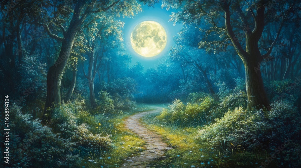 stone path winding through an enchanted forest, leading to a big glowing moon at night. stone path winding through an enchanted forest, leading to a big glowing moon at night.