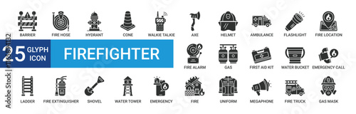 Firefighter icon collection set with barrier, fire hose, hydrant, cone, helmet