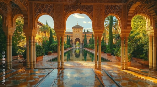 Sunlit courtyard with arches, reflecting pool, and lush greenery in a historical Spanish palace.