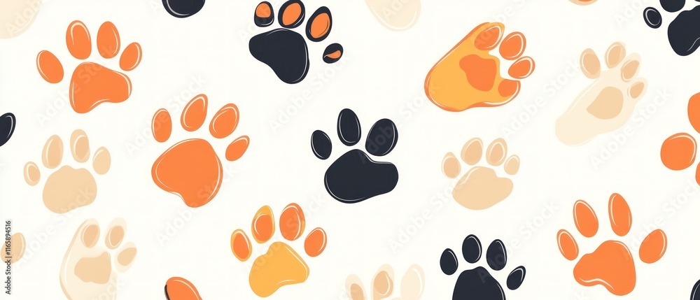 Fototapeta premium Colorful Paw Prints Pattern: A Delightful Design Featuring Various Sized and Colored Paw Prints on a White Background