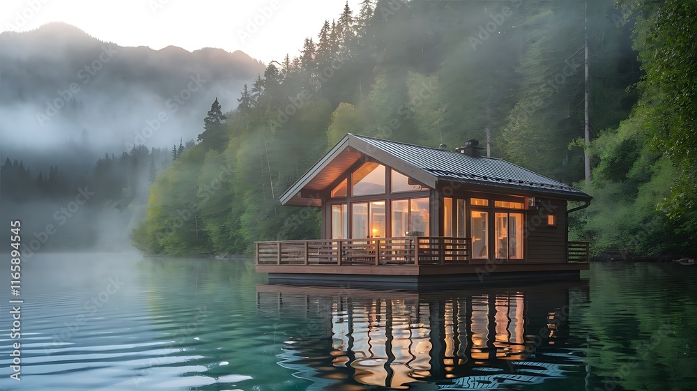 Fototapeta premium Serene Lakeside Cabin with Warm Lights Reflecting on Calm Water