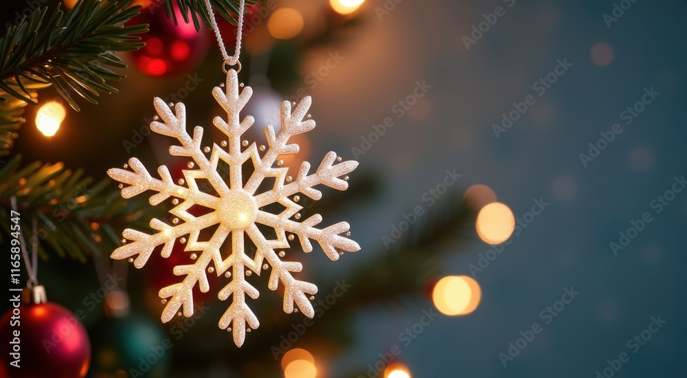 Snowflake hanging from a christmas tree with lights in the background, space for text Snowflake hanging from a christmas tree with lights in the background, space for text