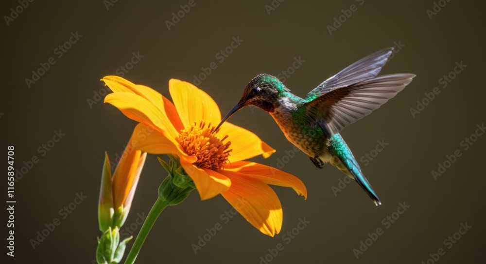 Fototapeta premium A hummingbird sipping nectar from a bright flower, Green-Breasted Mango Hummingbird male feeding on flower, Flying Ruby-throated Hummingbird