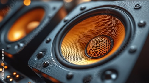 Close-up of illuminated speaker cones. photo