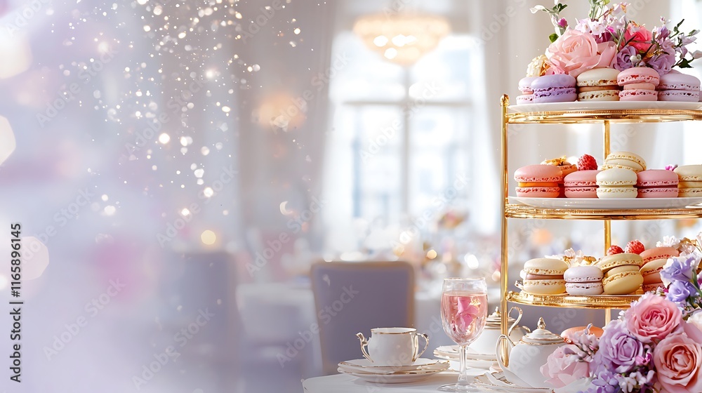 Elegant three-tiered stand with colorful macarons, pastries, flowers, teacups, and glasses, set against a blurred background of a luxurious room. Elegant three-tiered stand with colorful macarons, pastries, flowers, teacups, and glasses, set against a blurred background of a luxurious room.
