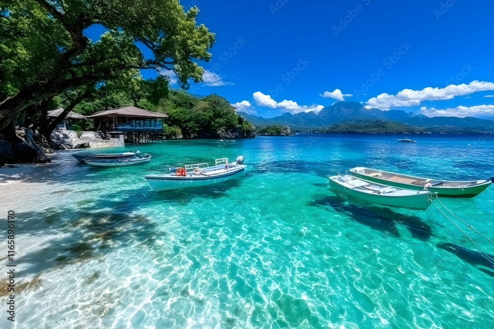 Tropical Beach Paradise: Boats, Clear Water, Island Getaway Tropical Beach Paradise: Boats, Clear Water, Island Getaway