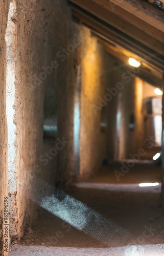 Soft light filters through the narrow corridor  illuminating weathered walls. Dust particles float gently in the air  creating a tranquil atmosphere as shadows shift with the fading light