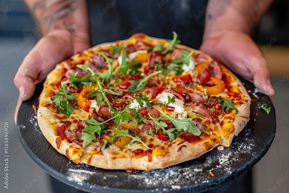 Fresh pizza on black board held by hands, melted cheese, herbs, close-up of vibrant toppings