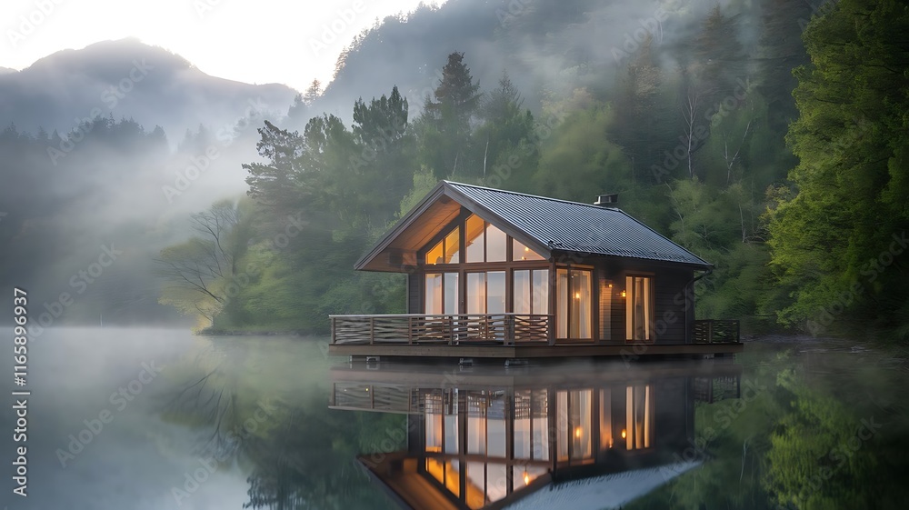Fototapeta premium Serene Lakeside Cabin with Warm Lights Reflecting on Calm Water