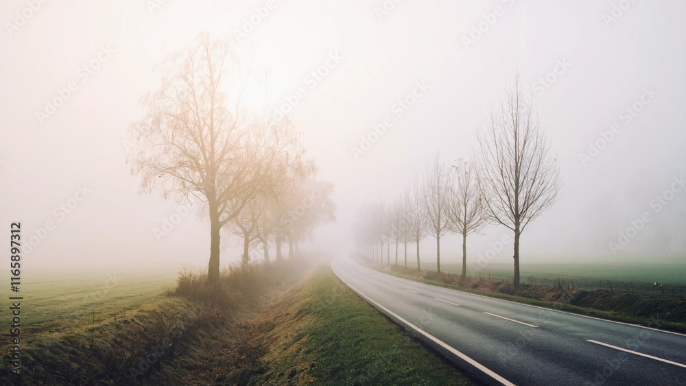 Fototapeta premium Foggy countryside road lined with bare trees at sunrise 
