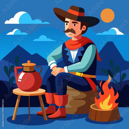 Hand-Drawn Illustration of a Gaucho Drinking Mate by the Fire