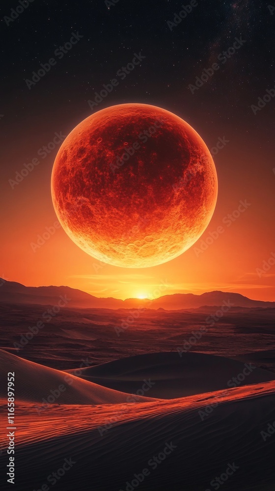 planet mars in a sunset with a large moon with copy space vertically 9:16 planet mars in a sunset with a large moon with copy space vertically 9:16