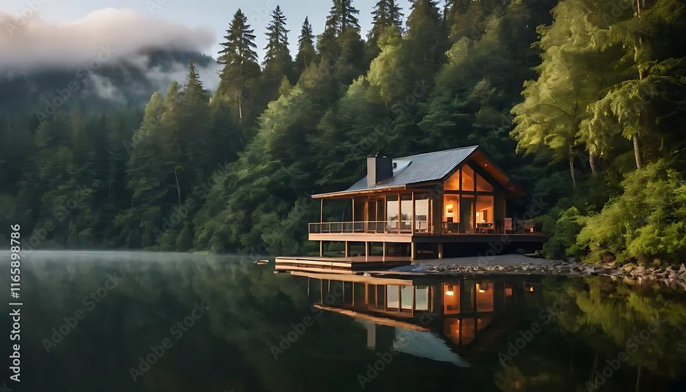 Serene Lakeside Cabin with Warm Lights Reflecting on Calm Water