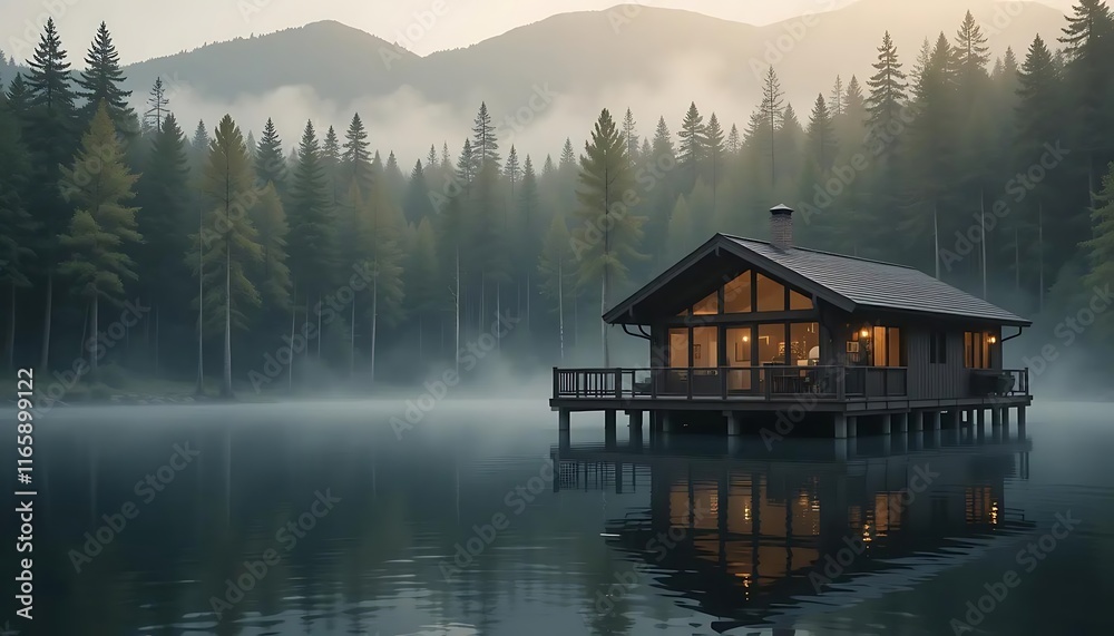 Fototapeta premium Serene Lakeside Cabin with Warm Lights Reflecting on Calm Water