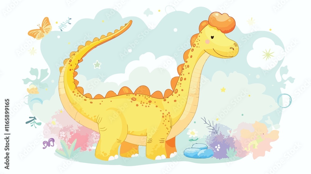 Naklejka premium Adorable Brachiosaurus Dinosaur Cartoon Illustration for Designs