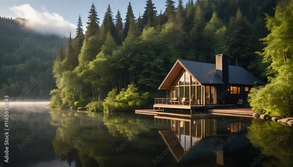 Fototapeta premium Serene Lakeside Cabin with Warm Lights Reflecting on Calm Water