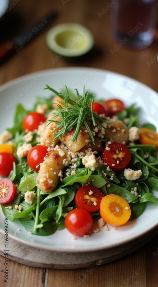 Plate of salad with tomatoes and chicken on it Plate of salad with tomatoes and chicken on it