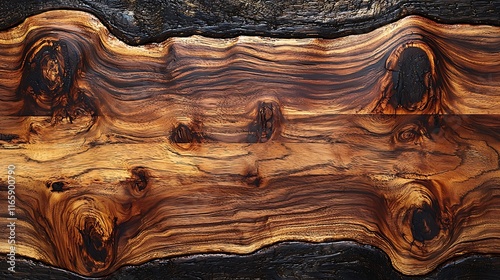 Rich, dark wood slab with natural edge, showing grain, knots, and texture.