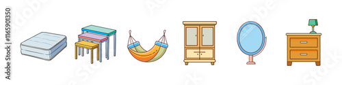 Cartoon Illustration of Home and Outdoor Furniture - Hand-drawn illustrations of a mattress, nesting tables, hammock, wardrobe, mirror, and nightstand in a colorful and playful style.