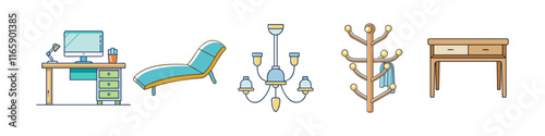Cartoon Illustration of Home and Office Furniture - Hand-drawn illustrations of a desk, chaise lounge, chandelier, coat rack, and wooden table, arranged in a colorful and playful style.