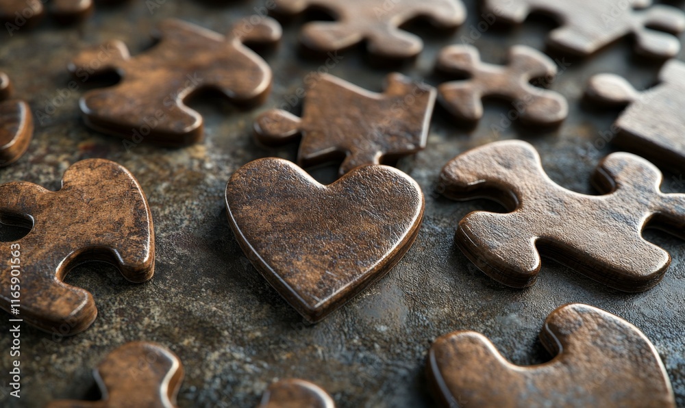Heart-shaped puzzle pieces scattered on a mocha-toned surface, symbolizing love and connection. Heart-shaped puzzle pieces scattered on a mocha-toned surface, symbolizing love and connection.