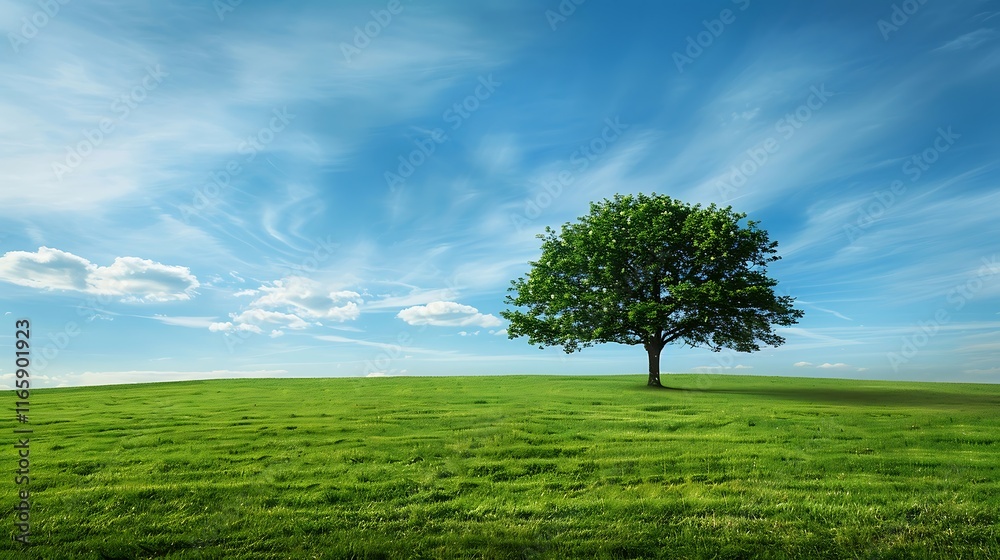 Obraz premium Green meadow and lonely tree on blue sky background. Nature composition.