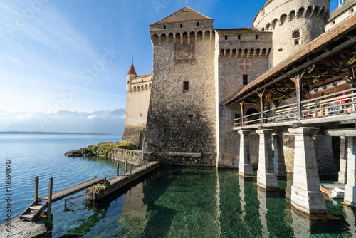 Chillon Castle or Chateau de Chillon is a famous castle located on Lake Geneva near Montreux, canton Vaud in Switzerland photo