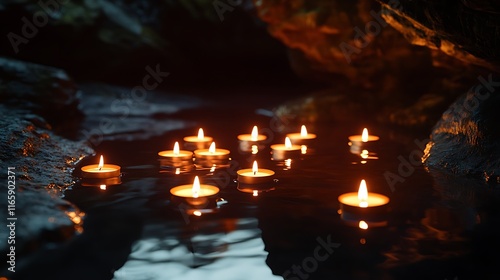 Floating candles in a dark cave, mysterious glowing reflections photo