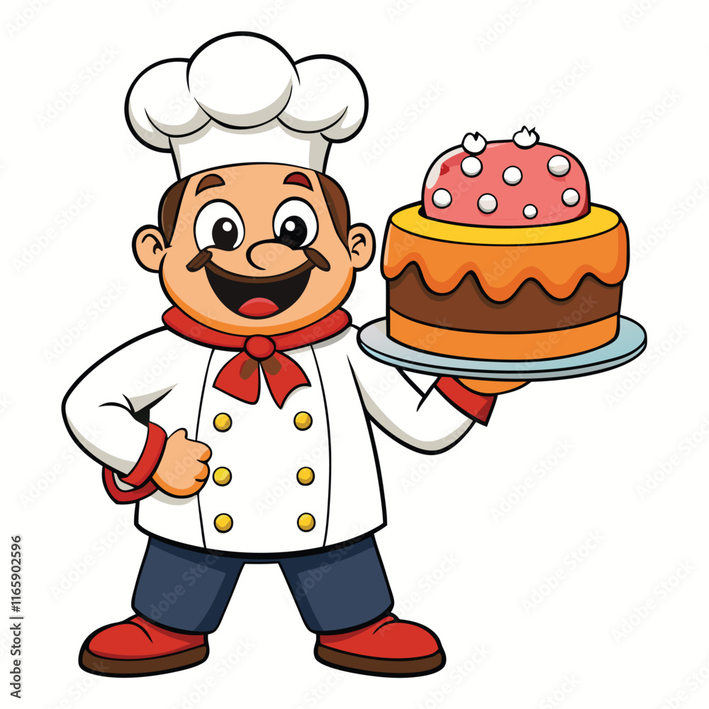 Baker Proudly Holding a Large Decorated Cake, Isolated on White Background