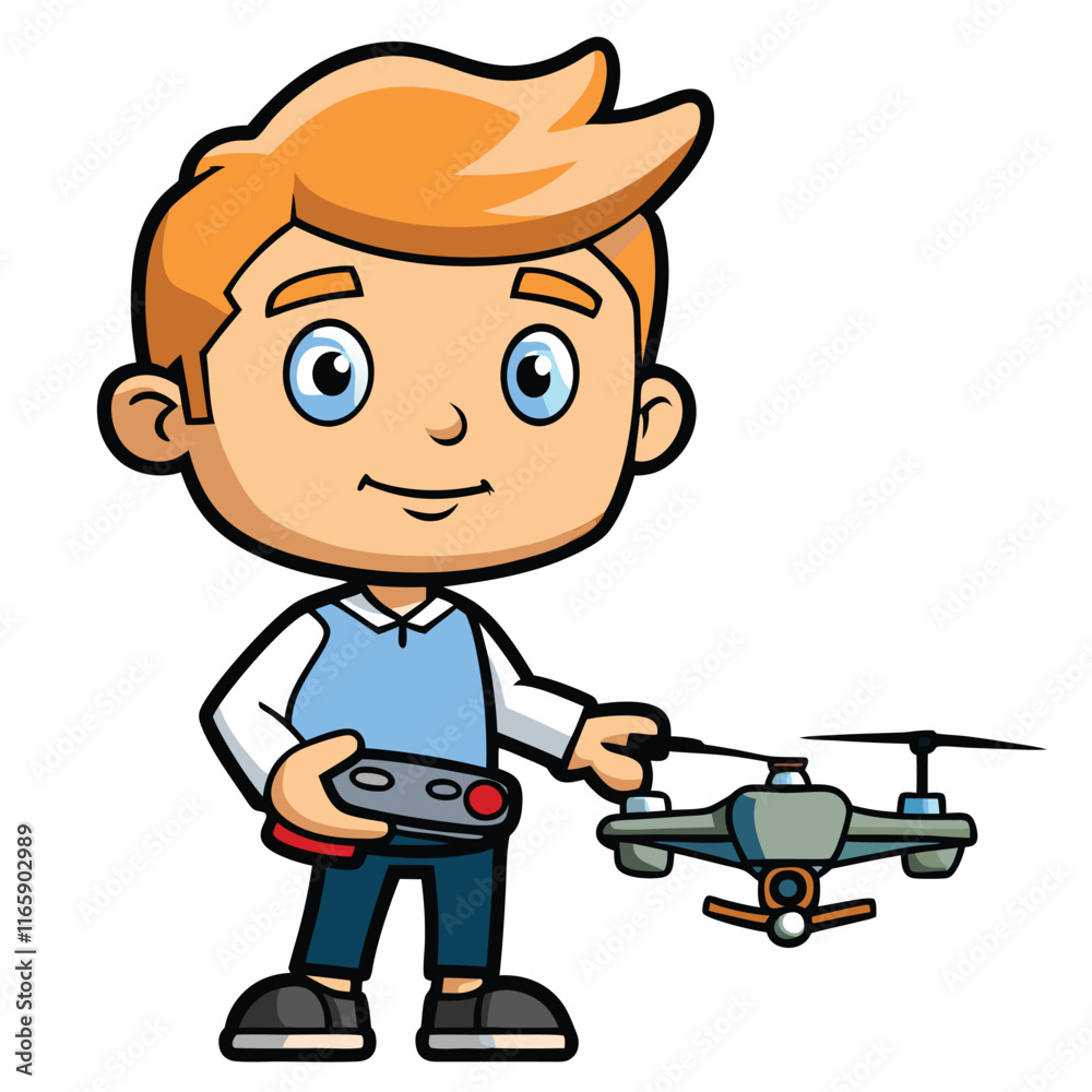 Boy Operating a Drone with a Controller Focused, Isolated on White Background