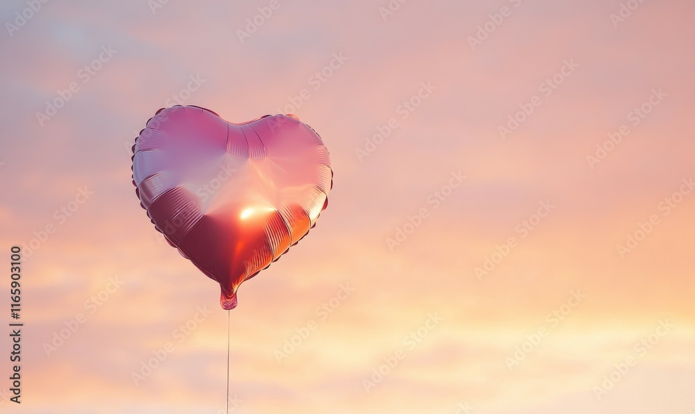 Obraz premium Heart-shaped balloon floating against a warm mocha and pink sky, soft light creating a dreamy effect.