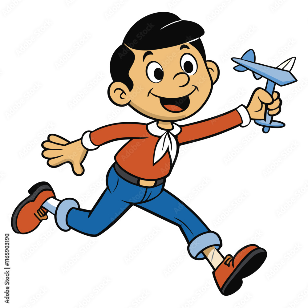 Boy Running with a Toy Airplane in Hand Joyful, Isolated on White Background Boy Running with a Toy Airplane in Hand Joyful, Isolated on White Background