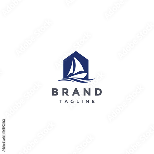 White Sailboat House Silhouette Logo Design. Sailing Boat On The Sea In The Shadow Of The House Logo Design.