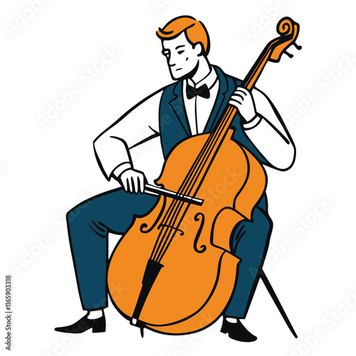 Cellist Seated with a Cello Focused on the Performance - Variation 1, Isolated on White Background