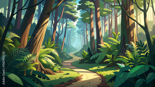 A winding forest path bordered by tall ferns, sunlight filtering through the dense canopy above, and the distant sound of a stream