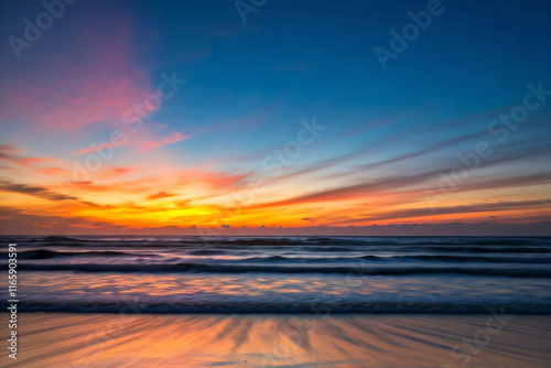 Golden hour sunset illuminating ocean waves crashing on sandy sea beach with colorful cloud sky