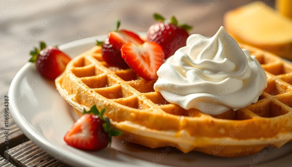 Waffle with whipped cream, fresh strawberries, golden crispy texture, warm morning light, breakfast plate, comfort food, soft focus, appetizing, high detail, food photography, syrup drizzle Waffle with whipped cream, fresh strawberries, golden crispy texture, warm morning light, breakfast plate, comfort food, soft focus, appetizing, high detail, food photography, syrup drizzle