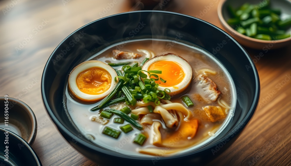 ramen bowl, steaming hot soup, soft-boiled egg, green onions, chopsticks, ceramic bowl, wooden table, dark background ramen bowl, steaming hot soup, soft-boiled egg, green onions, chopsticks, ceramic bowl, wooden table, dark background