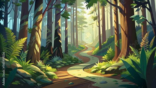 A winding forest path bordered by tall ferns, sunlight filtering through the dense canopy above, and the distant sound of a stream