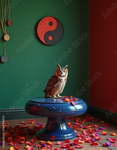 a room with green and red walls, colorful yin yang symbol on the wall, a blue ruby table in the room, a real tawny owl on the table, flower petals in red blue yellow green purple orange colors falling photo