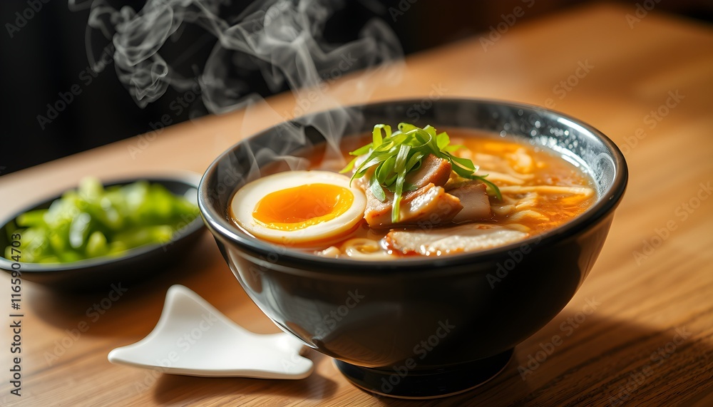 ramen bowl, steaming hot soup, soft-boiled egg, green onions, chopsticks, ceramic bowl, wooden table, dark background, food photography, high contrast ramen bowl, steaming hot soup, soft-boiled egg, green onions, chopsticks, ceramic bowl, wooden table, dark background, food photography, high contrast