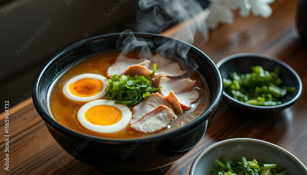ramen bowl, steaming hot soup, soft-boiled egg, green onions, chopsticks, ceramic bowl, wooden table, dark background, food photography, high contrast, rich colors ramen bowl, steaming hot soup, soft-boiled egg, green onions, chopsticks, ceramic bowl, wooden table, dark background, food photography, high contrast, rich colors