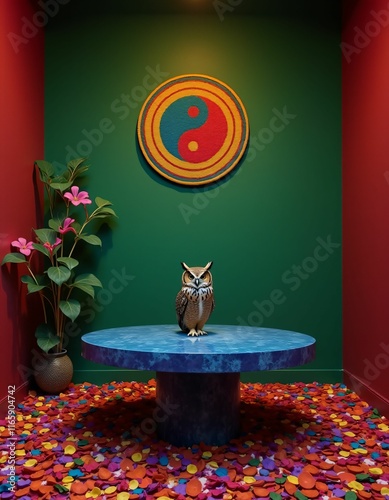 a room with green and red walls, colorful yin yang symbol on the wall, a blue ruby table in the room, a real tawny owl on the table, flower petals in red blue yellow green purple orange colors falling photo