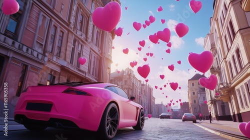 An enormous pink light pink old sports car floats with hundreds of pink balloons in shape of hearts over streets. TValentine's theme.  photo