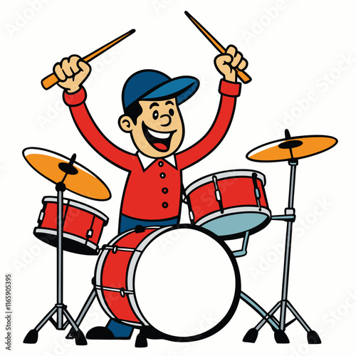 Drummer Energetically Playing a Drum Set Dynamic Scene - Variation 1, Isolated on White Background