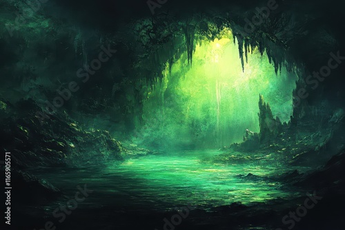 Mysterious underground cave illuminated by vibrant green light with sparkling water photo